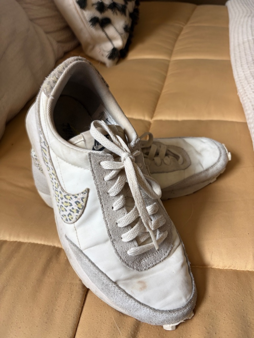 White & Gray Women's Nike Casual Sneakers waffle soles with Leopard swoosh